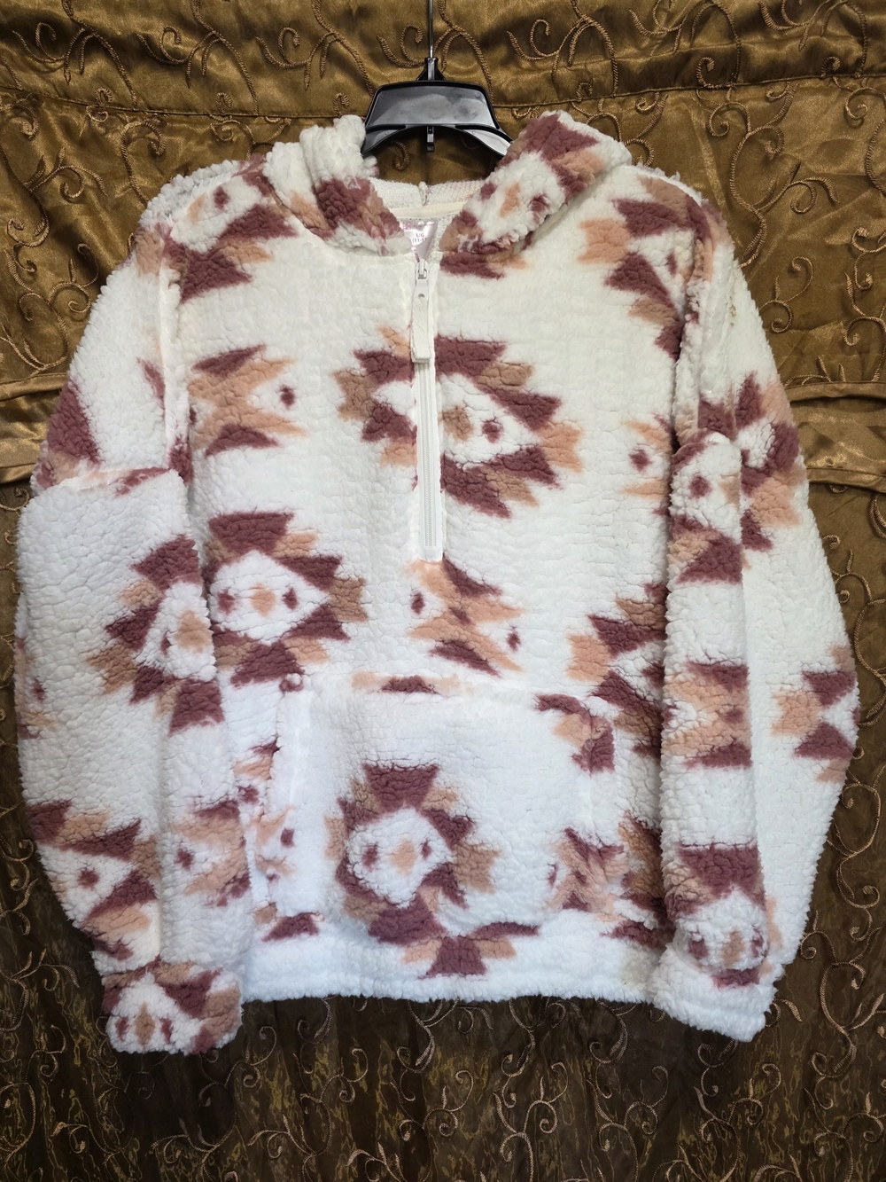 No Boundaries White Sherpa Half-Zip Hoodie with Mauve & Peach Geometric Print